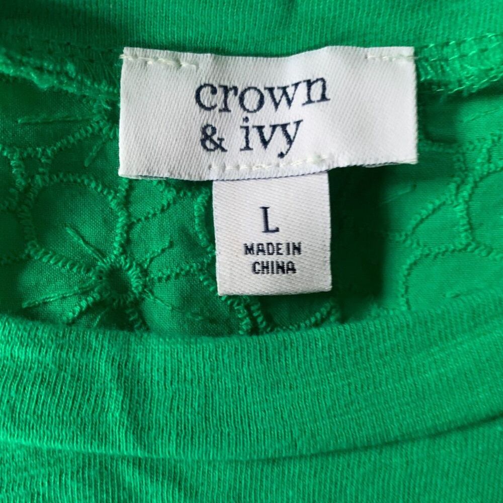 Women's Crown & Ivy Green Eyelet Puff Sleeve Knit Top EUC | Sz L - Picture 3 of 6